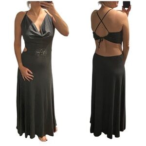 NWT Odi et Amo Jersey Cut Out Open Back Maxi Dress Gray Star Rhinestone Sz 44